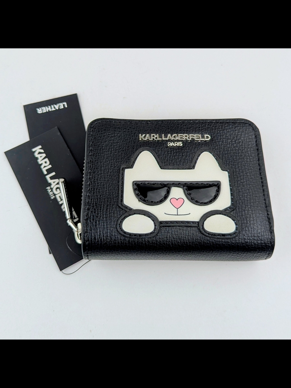 Karl Lagerfeld Black Leather Wallet with White Cat Applique